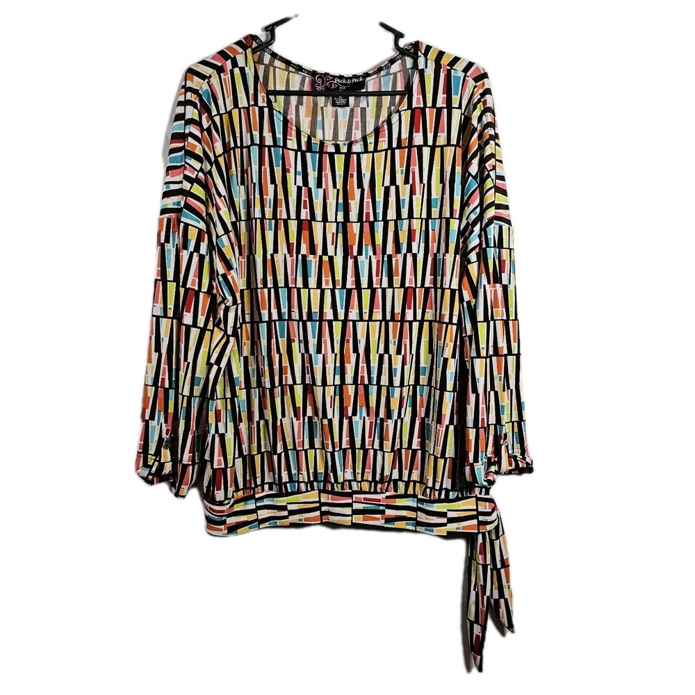 Peck & Peck Women Sz XL Geometric Multicolor 3/4‎ Sleeve Scoop Neck Side Tie EUC